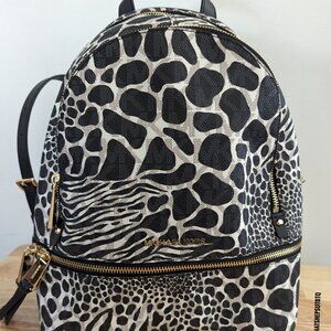 Michael Kors Signature Rhea Zip Medium Backpack Black White Animal Print